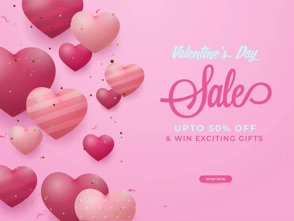 バレンタインデーセールポスターデザイン50 割引オファーとピンクの背景に光沢のある心 — ストックベクタ
