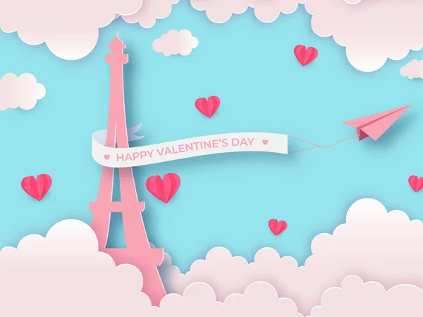 Happy Valentine Day Text Ribbon Paper Plane Eiffel Tower Hearts — стоковий вектор