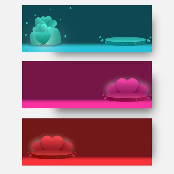 Header Banner Ontwerp Met Harten Podium Stage Achtergrond Drie Kleuren — Stockvector