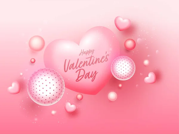 光沢のあるハートと3Dボールや光沢のあるピンクの背景に球でハッピーバレンタインの日のコンセプト — ストックベクタ