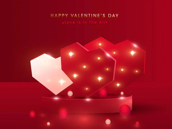 Happy Valentine Day Concept Hearts Podium Balls Lights Effect Red — стоковый вектор