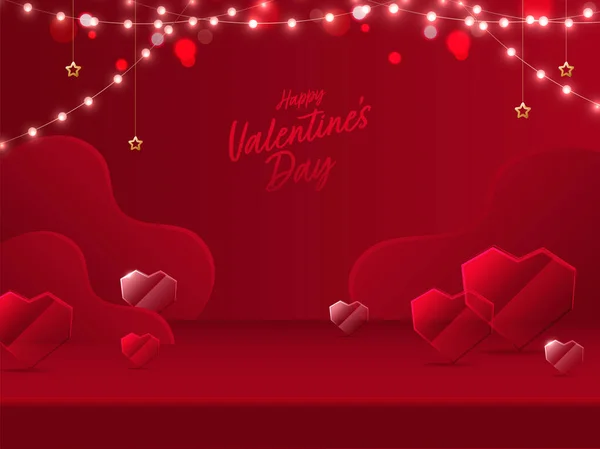 Happy Valentines Day Font Crystal Glass Hearts Golden Stars Lighting — 스톡 벡터