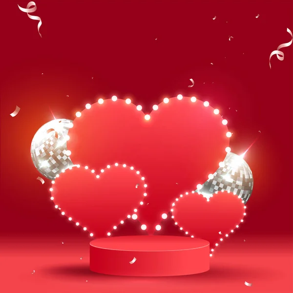 Empty Marquee Hearts Realistic Disco Balls Red Background — Stock Vector