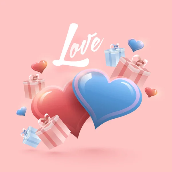 带3D礼盒和装饰在粉红背景上的光滑心的爱情概念 — 图库矢量图片