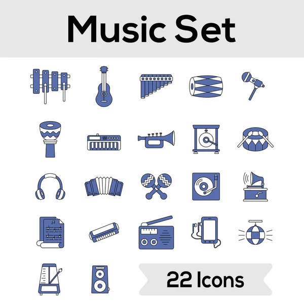 Conjunto Iconos Instrumentos Música Símbolo Color Azul Blanco — Vector de stock