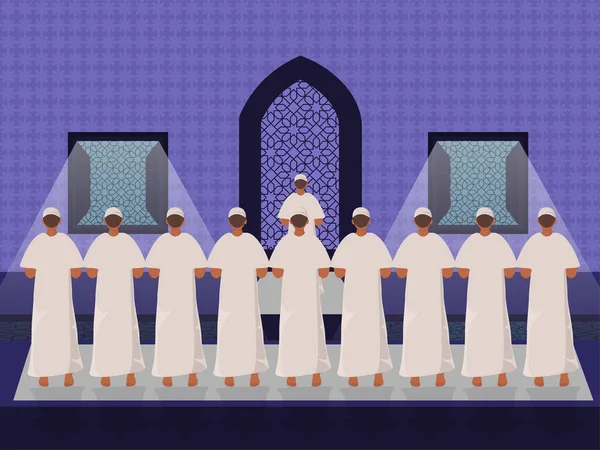Dav Muslimských Uctívačů Modlící Salah Čelí Mešity Pro Islámské Slavnosti — Stockový vektor