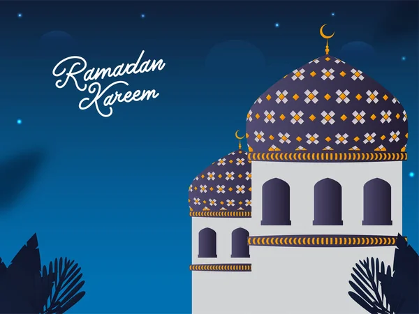 Ramadan Kareem Font Con Mosque Illustration Foglie Sfondo Blu — Vettoriale Stock