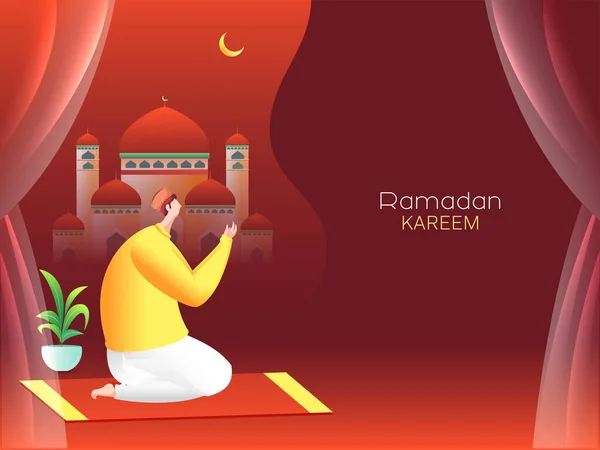 Concept Ramadan Kareem Avec Homme Musulman Offrant Namaz Prière Mosquée — Image vectorielle