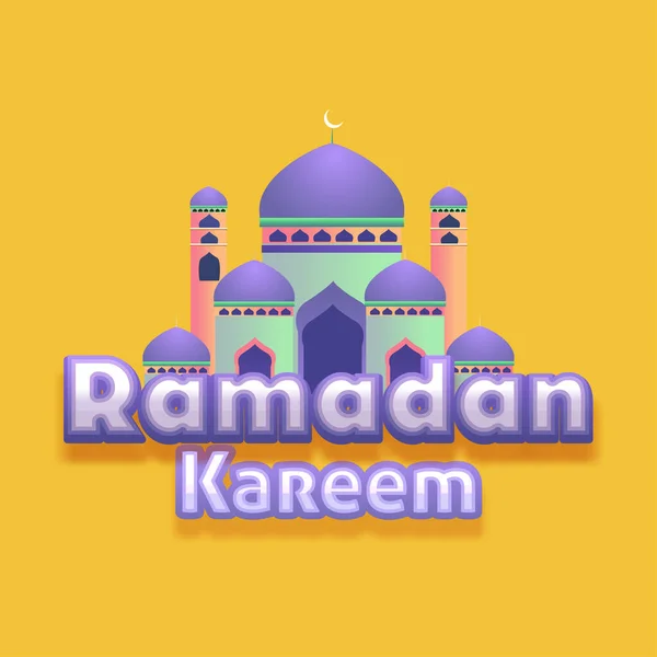 Sticker Style Ramadan Kareem Tekst Met Moskee Illustratie Gele Achtergrond — Stockvector