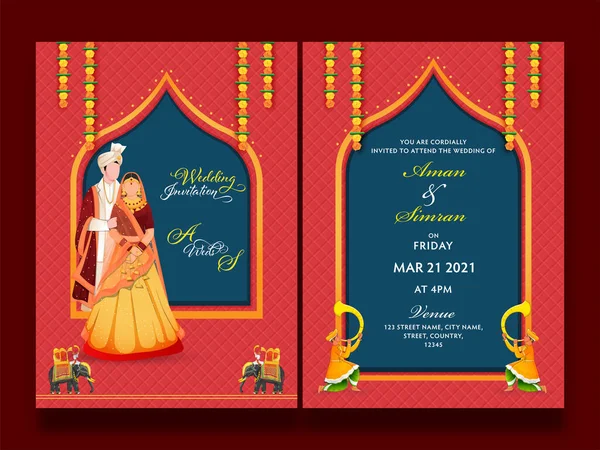 Przednia Tylna Prezentacja Zaproszenia Ślub Indyjskim Charakterem Pary Tradycyjnej Sukience — Wektor stockowy