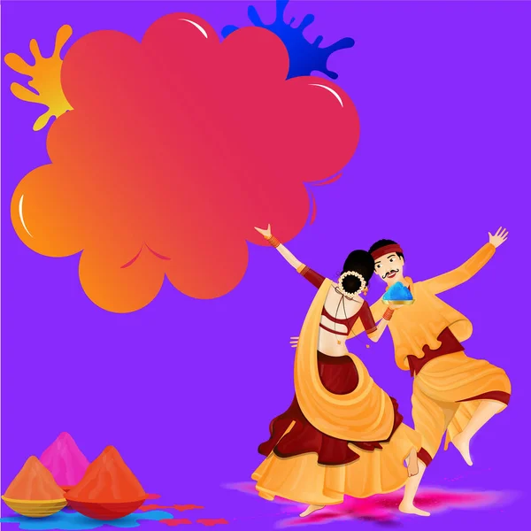 Illustration Indiska Par Spelar Holi Med Pulverfärg Gulal Skålar Lila — Stock vektor