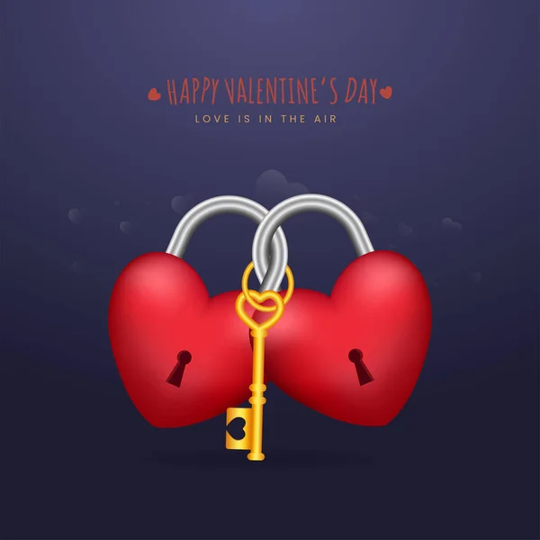 Happy Valentine Day Concept Heart Shaped Padlocks Golden Key Blue — стоковый вектор