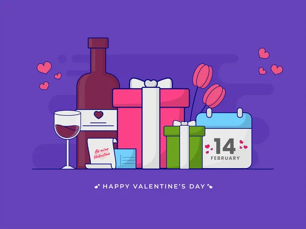 情人节快乐的概念与日历 礼品盒 香槟酒瓶 酒杯和紫色背景的花朵 — 图库矢量图片