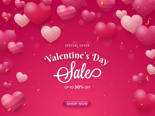 Valentines Day Sale Poster Design Discount Offer Glossy Hearts Golden — 스톡 벡터