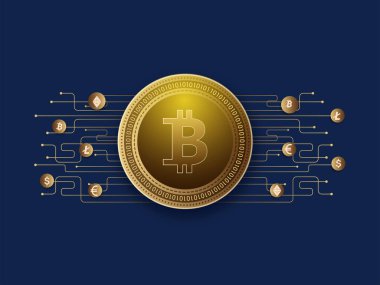 Mavi Arkaplanda Devre Çizgileri olan Altın Dijital Şifreleme Paraları.