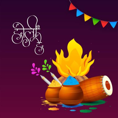 Hindi Calligraphy Holi Hai (It's Holi) With Festival Elements On Purple And Pink Background. clipart