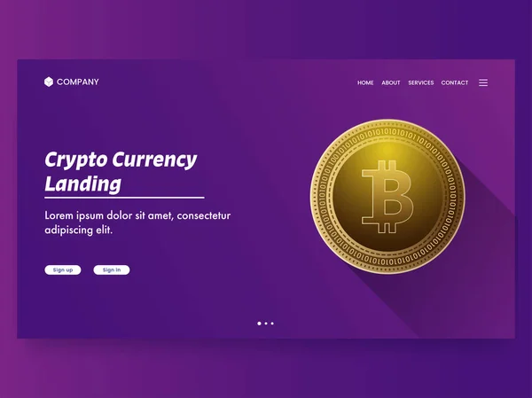 Kryptowährung Landing Page Mit Goldenem Bitcoin Auf Lila Hintergrund — Stockvektor