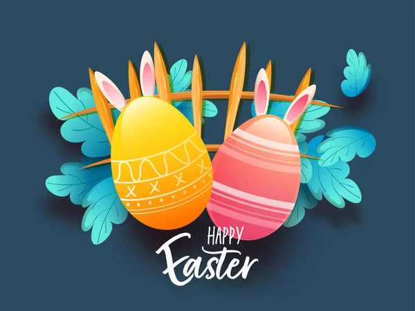 Happy Easter Poster Design Met Glanzende Eieren Konijnenoren Bladeren Hekken — Stockvector