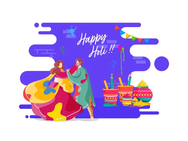 Fondo Celebración Holi Feliz Con Ilustración Pareja India Jugando Colores — Vector de stock