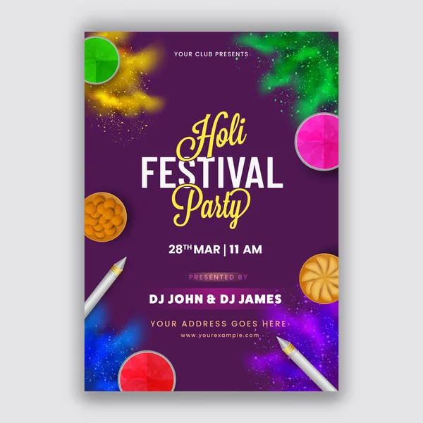 Holi Φεστιβάλ Κόμμα Flyer Σχεδιασμός Μωβ Χρώμα Κορυφαία Θέα Των — Διανυσματικό Αρχείο