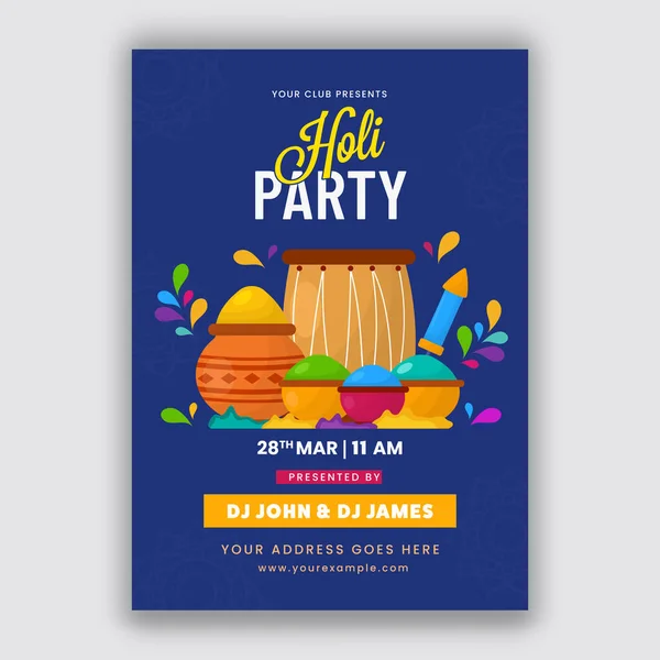 Holi Party Flyer Invitation Layout Festival Elements Event Details Blue — стоковый вектор