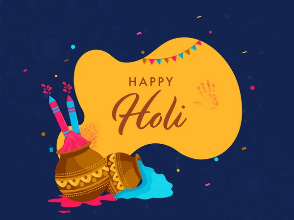 Happy Holi Celebration Poster Design Color Mud Pots Water Guns — стоковый вектор