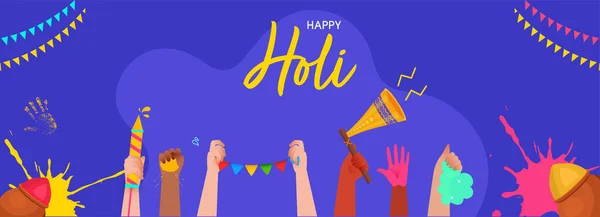 Happy Holi Concept People Hands Holding Colors Water Gun Loudspeaker — 스톡 벡터