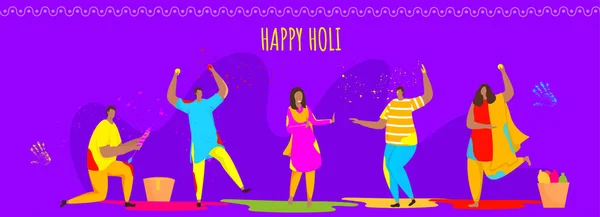 图片说明 卡通人物在紫色背景下与色彩和篮子玩耍 为快乐的整体庆典做准备 — 图库矢量图片