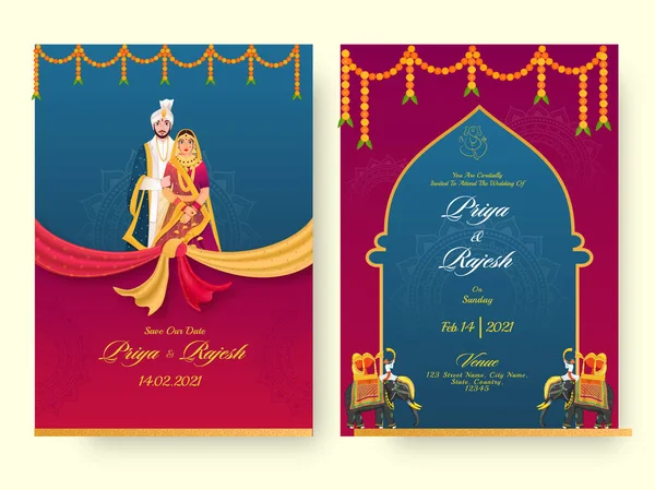 Indian Wedding Invitation Card Template Layout Hindu Couple Event Details — Stock Vector