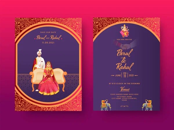 Front Back View Indian Wedding Invitation Card Hindu Couple Character — Stock Vector