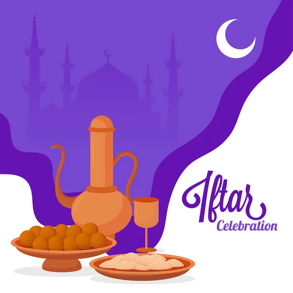 Projeto Cartaz Celebração Iftar Com Jarro Árabe Vidro Doces Lua — Vetor de Stock