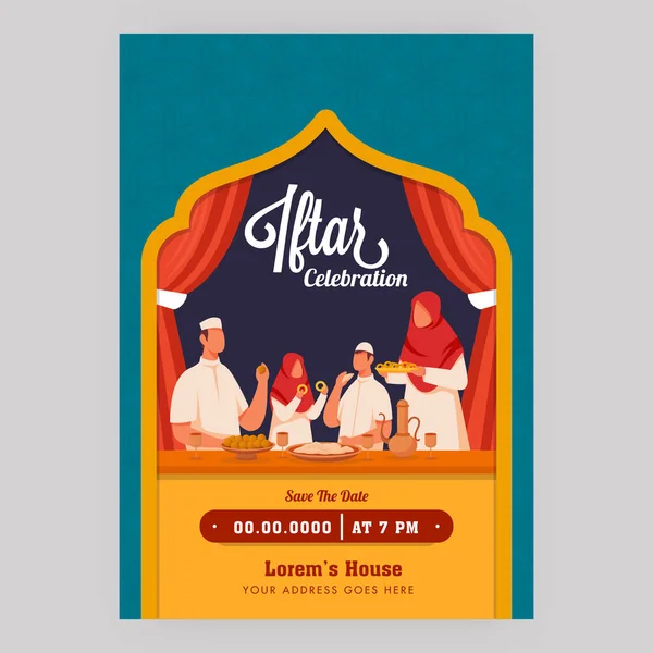 Projeto Cartão Folheto Celebração Iftar Com Família Muçulmana Que Aprecia — Vetor de Stock