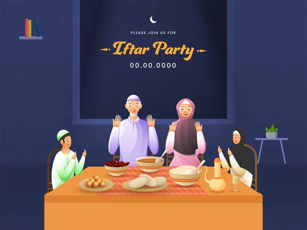 Família Muçulmana Orando Antes Jantar Iftar Durante Festa Ramadã Casa — Vetor de Stock