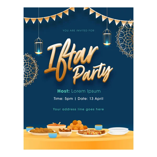 Iftar Party Flyer Design Alimente Delicioase Lanterne Aprinse Fundal Albastru — Vector de stoc