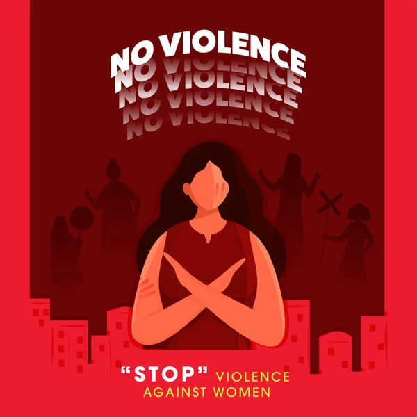 女性说要停止对妇女的暴力行为 并跨越禁止红底的臂膀 — 图库矢量图片