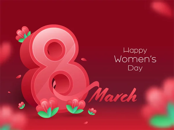 3月8日数字与花朵在红色背景下装饰的步伐 女性快乐日概念 — 图库矢量图片