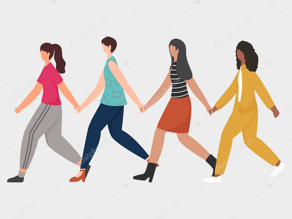 Group Of Young Women Holding Hands Each Other In Walking Pose.