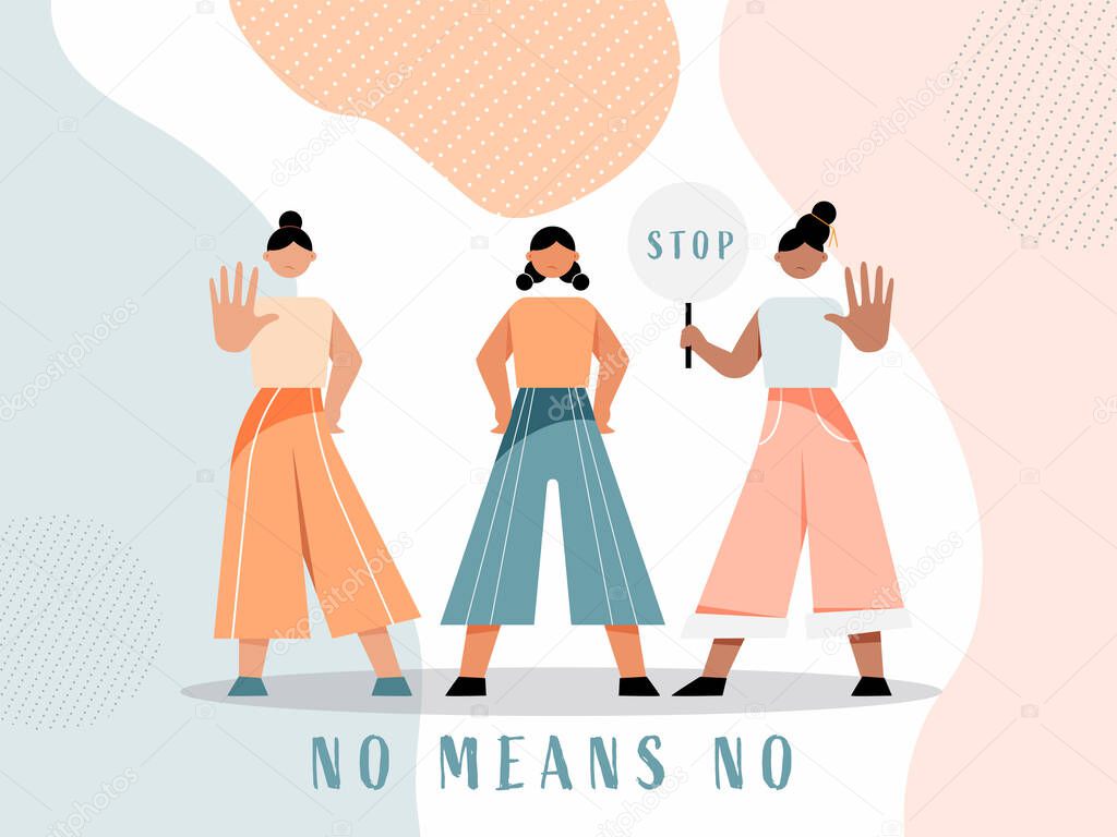 Cartoon Young Girls Protesting With Stop Symbol On Abstract Background For No Means No.