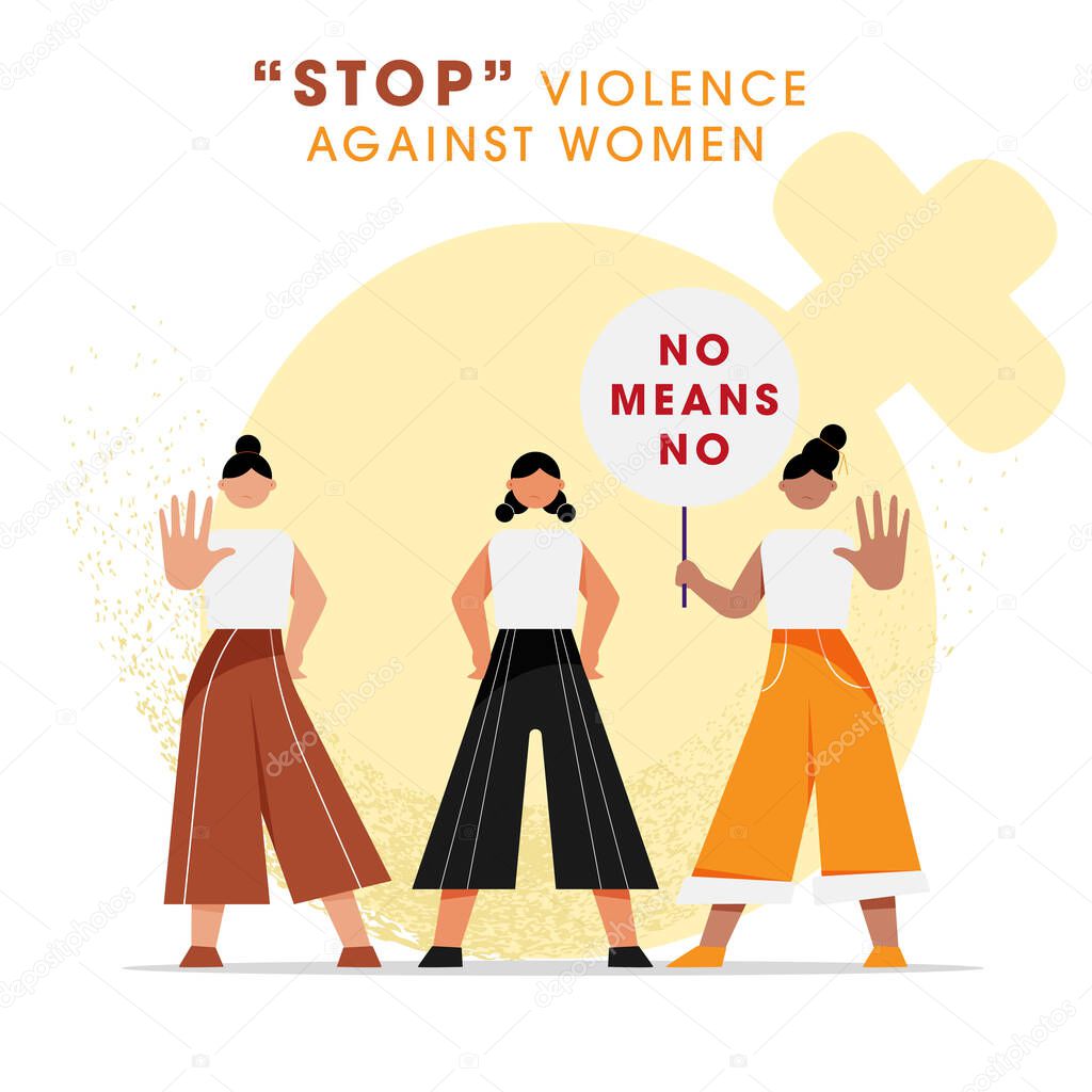 Cartoon Girls Protesting With Hold No Means No Placard For Stop Violence Against Women Concept.