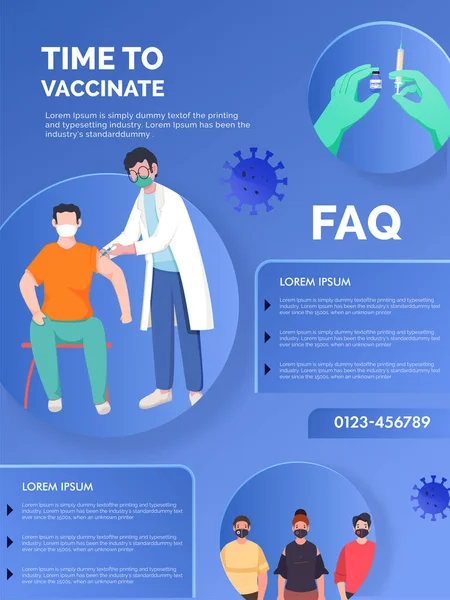 Tijd Vaccineren Van Covid Pathogenen Affiche Ontwerp Met Faq Informatie — Stockvector