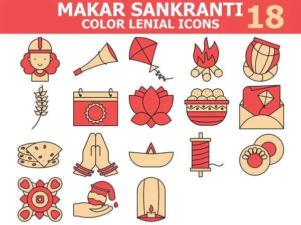 Makar Sankranti Ikon Set Orange Och Röd Färg — Stock vektor