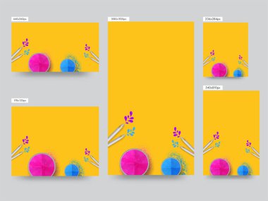 Sosyal Medya Şablon Koleksiyonu Üst Görünüm Kâseleri Toz Dolu (Gulal) ve Gümüş Su Silahı (Pichkari) Sarı Arkaplanda.