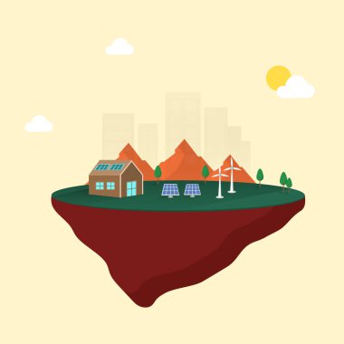 Güneş paneli, yel değirmeni, Dünya üzerindeki doğal manzara ve Güneş sarısı arka planı olan Mimar Evi.