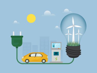 Yenilenebilir Yeşil Enerji Konsepti İçin Güneş Mavisi Arkaplanındaki Yel Değirmeni, Fiş ve Elektrikli Araç Şarj İstasyonunun Görünümü.