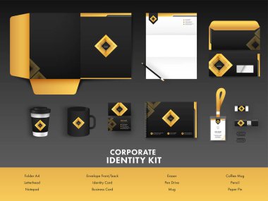 Dizin A4, Harf Başlığı, Kimlik Kartı, Zarf, Kalem Sürücüsü, Gri ve Sarı Arkaplan Üzerinde Diğer Kırtasiye Eşyaları.