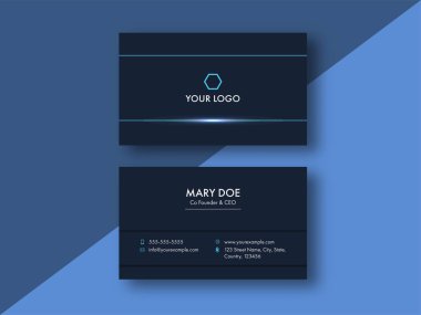 Mavi arka plandaki iş ve ziyaret kartının ön ve arka görünümü.