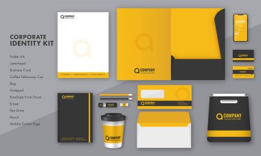 A4, Letterhead, Business Card, kullan-at kahve kupası, Notepad, Envelope, Pen Drive ve Mobile Online Page Etc de dahil olmak üzere şirket kimlik kiti.