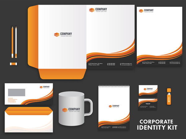 Corporate Identity Kits Including Letterhead, Envelope, Notepad, Visiting Card, Cup And USB Drive On Dark Gray Background.