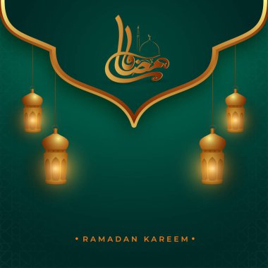 Lit Lanternli Ramazan Kareem 'in Kahverengi Arapça Kaligrafi Yeşil İslami Şablon Arkaplanına Tutunun.