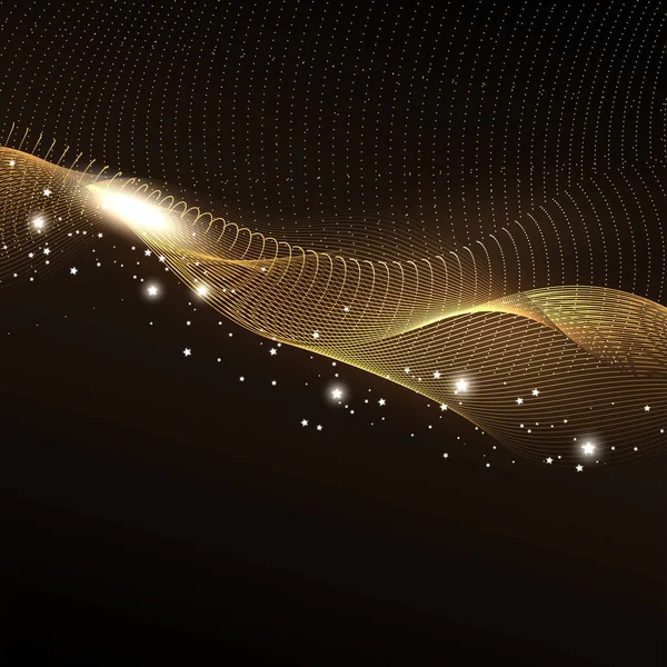 アブストラクトブラックの背景にライト効果の星を持つ黄金の波 — ストックベクタ